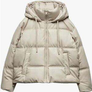 Zara Off White/ Beige Faux Leather Puffer Jacket Size XS
